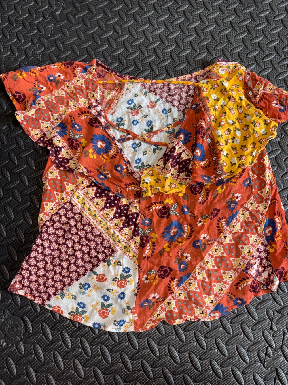 Chloe & Katie Boho Patchwork Floral Ruffle Women’s Top - Multi